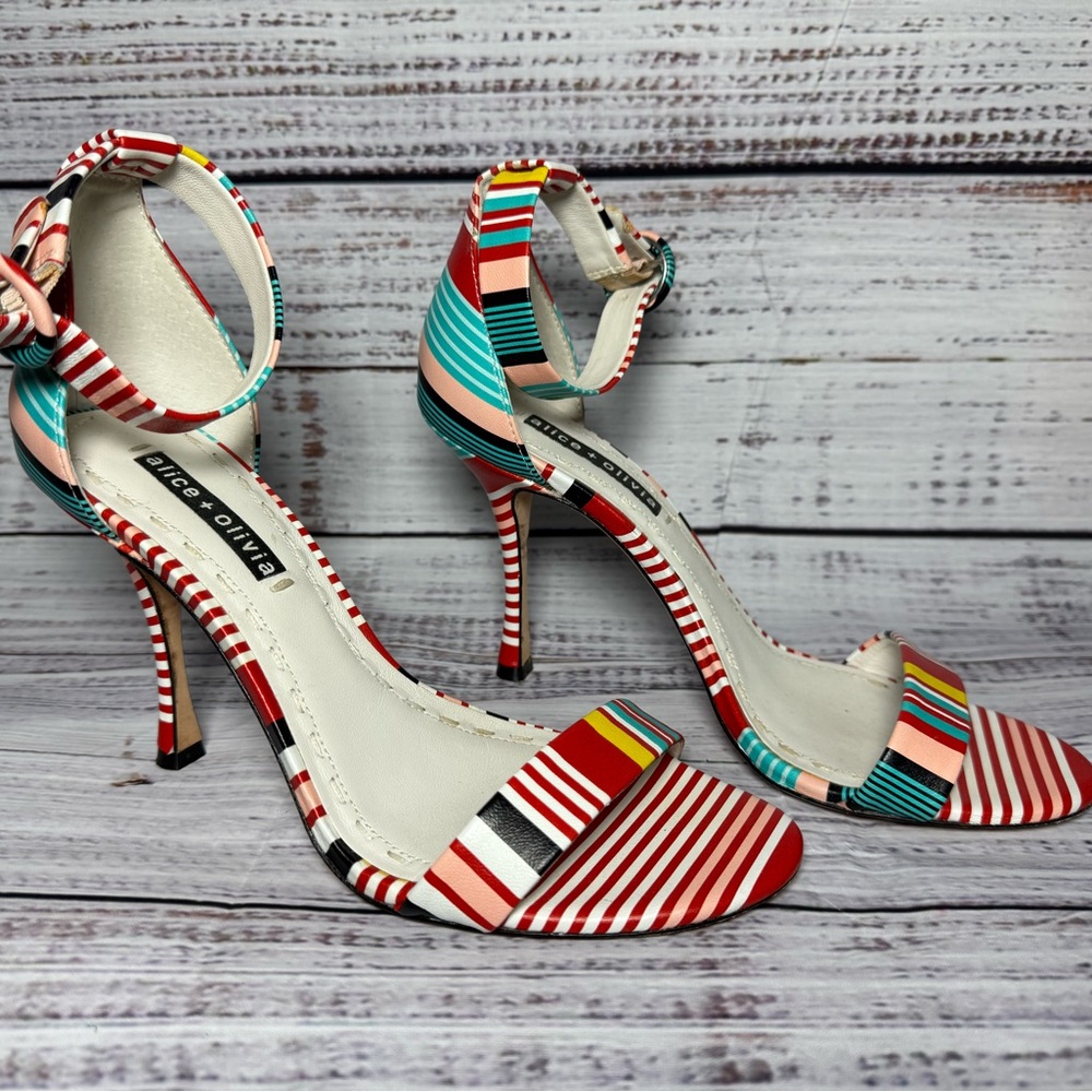 Alice + Olivia Red and Blue Heels with Striking Stripes